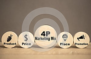 4P Marketing Mix icon on a round wooden plate placed on a table. Concepts about integrated marketing. Product, Price, Place and