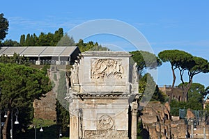 4th century Arch of Constantine, Arco di Costantino next to Colosseum, details of the attic, Rome, Italy