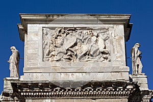 4th century Arch of Constantine, Arco di Costantino next to Colosseum, details of the attic, Rome, Italy