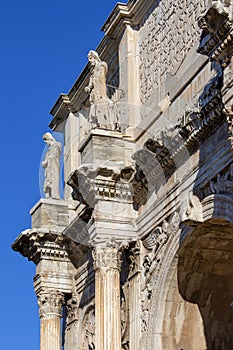 4th century Arch of Constantine, (Arco di Costantino) next to Colosseum, details of the attic, Rome, Italy