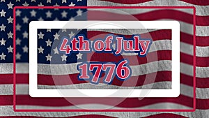 4th of July 1776 text on waving usa flag animation with blur effect in rectangular shape