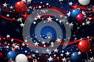 4th July abstract background with balloons, stars, ribbons, blue background