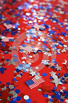 4th of July American Independence Day background . Holiday confetti usa flag colors decorations