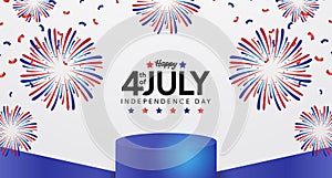 4th july american independence day with colorful red, blue, white firework with podium pedestal product display for promotion