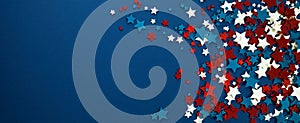 4th of July American Independence Day stars decorations on blue background. Flat lay, top view.