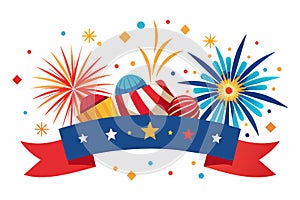 4th July banner featuring dynamic fireworks against a rich, midnight white background\'