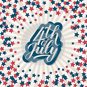 4th of July calligraphy lettering. American retro patriotic background in colors of flag of USA. Easy to edit vector template for