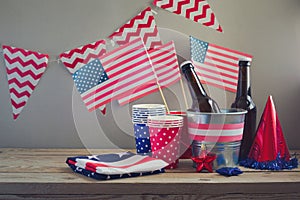 4th of July celebration with USA flags. Table arrangement for party