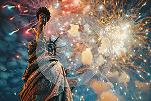 4th of July concept - fireworks over Statue of Liberty
