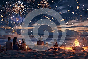 4th of July concept - people celebrating on a beach with bonfires, fireworks, and picnics