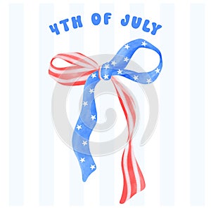 4th of July Coquette stars and stripes ribbon Bow Watercolor vector illustration