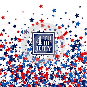 4th of July festive banner concept with scatter stars in traditional American colors - red, white, blue. Isolated