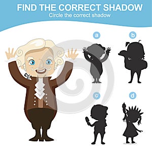 4th of July find the correct shadow for kids. Find the shadow of the first president of USA George Washington