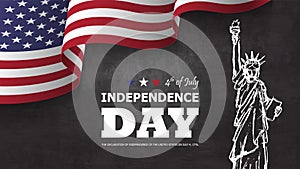 4th of July happy independence day of america background . Statue of liberty drawing design with text and waving american flag at
