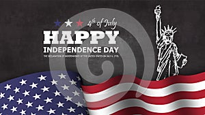 4th of July happy independence day of america background . Statue of liberty drawing design with text and waving american flag at