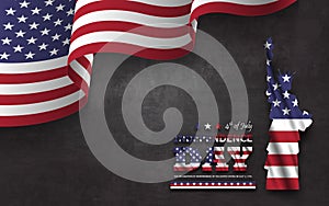 4th of July happy independence day of america background . Statue of liberty with text and waving american flag at corner on