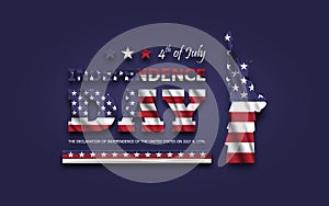 4th of July happy independence day of america . Statue of liberty with text and waving american flag on blue background . Vector