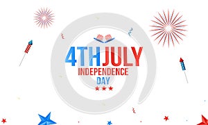 4th of July. Happy Independence day celebration with rocket and fireworks vector holiday lettering calligraphy