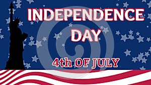 4th of July and happy independence day greetings on falling down white stars and Liberty icon