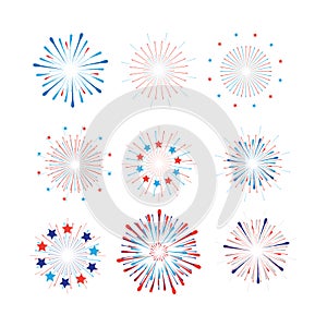 4th of July Happy Independence Day symbols icons set Patriotic American flag, stars fireworks confetti set vector