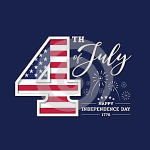 4th of july and happy USA independence day - four number with american flag texture on dark blue background vector design