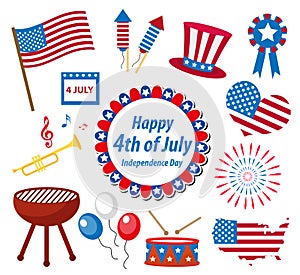 4th July Independence Day America celebration in USA, icons set, design element, flat style.Vector illustration