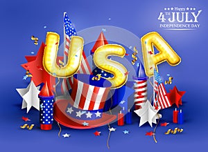 4th of July - Independence Day celebration background with hat, balloons, American flag and stars.