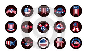 4th of july independence day, celebration honor memorial american flag icons set block and flat style icon
