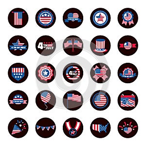 4th of july independence day, celebration honor memorial american flag icons set block and flat style icon