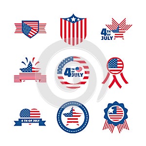 4th of july independence day, celebration honor memorial american flag icons set flat style icon