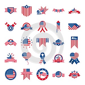 4th of july independence day, celebration honor memorial american flag icons set flat style icon