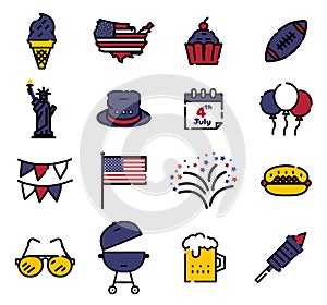 4th of july Independence Day Flat Color broken line Icons