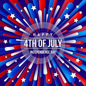 4th of July, Independence day - greeting design with USA patriotic colors firework burst rays.