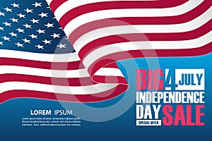 4th of July Independence Day Sale banner with waving american national flag.