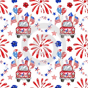 4th of July Independence day seamless pattern with watercolor patriotic car, red, white and blue balloons, fireworks, stars