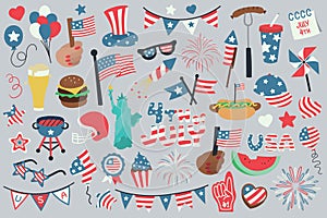 4th of July, Independence Day of the United States of America celebration illustrations, vector elements, symbols and objects.