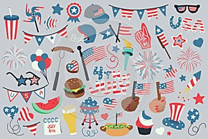 4th of July, Independence Day of the United States of America celebration illustrations, vector elements, symbols and objects.