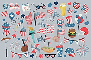 4th of July, Independence Day of the United States of America celebration illustrations, vector elements, symbols and objects.
