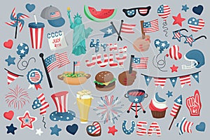 4th of July, Independence Day of the United States of America celebration illustrations, vector elements, symbols and objects.