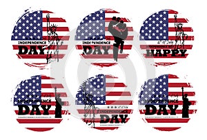 4th of July independence day of USA . Set of various grunge circle shape with america flag and statue of liberty drawing design .