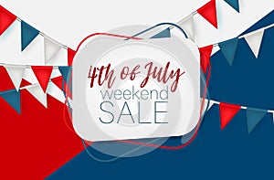 4th of July Independence Day weekend sale banner background. USA national holiday design concept with red, blue, and white bunting