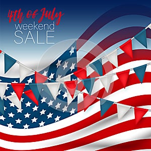 4th of July Independence Day weekend sale banner background. USA national holiday design concept with a waving flag and confetti.