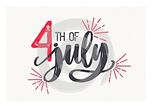 4th of July lettering written with elegant cursive font and decorated with fireworks. American Independence Day festive