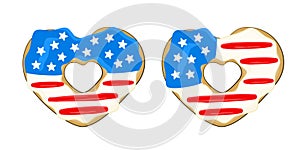 4th of July. National Donut Day. Independence Day. Set of donuts in the shape of the heart in colors of USA flag