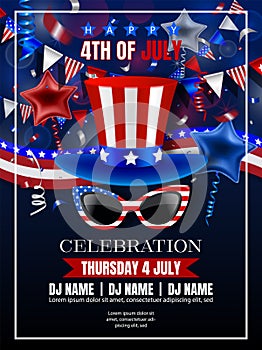 4th of july party poster with hat and sunglasses