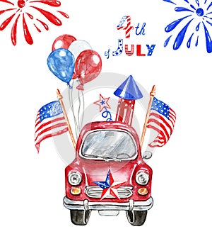 4th of July patriotic car. Watercolor car with US flags, red, white and blue balloons and fireworks, isolated. Holiday card