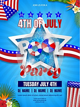 4th of july pool party poster. american independence background with star shaped swimming pool and inflatables