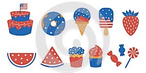4th of July set of elements. USA Independence Day theme. Sweets in colors of the American national flag.
