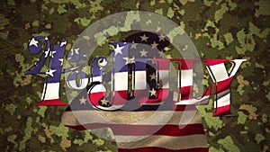 4th of July text over silhouette of soldier against camouflage background