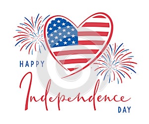 4th of July, United Stated Independence day text Banner with USA Flag in heart shape and fireworks. American national holiday.